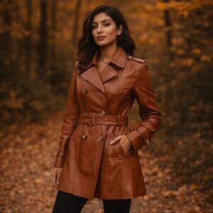 Iman Cognac Genuine Leather Trench Coat Belted Women’s Large